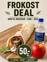 Frokost Deal Wrap M. Oksekebab, Kildevand, Frugt