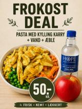Frokost Deal Pastasalat M. karry Kylling, Kildevand, Frugt